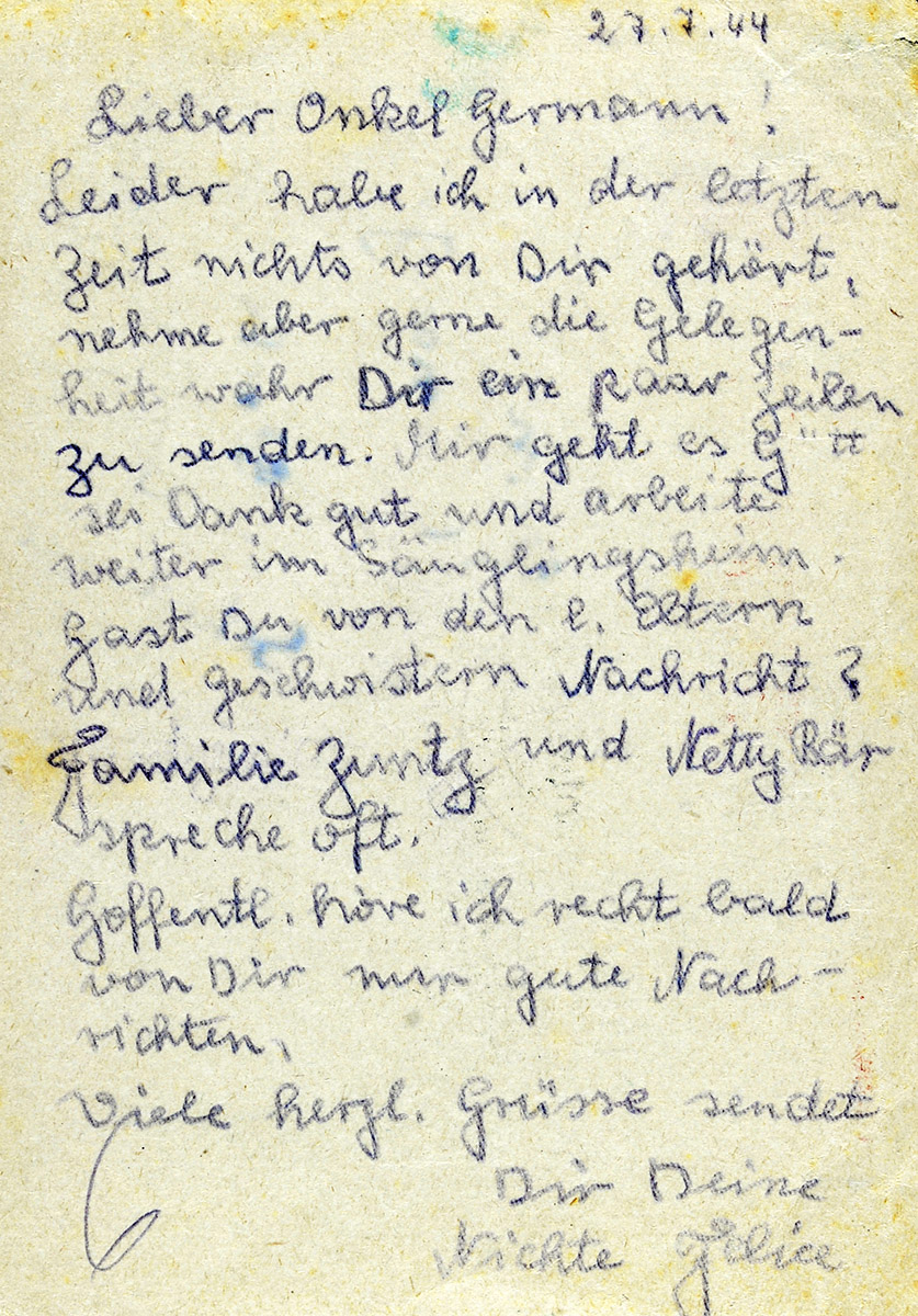 Postal que Felice Weil envió desde el gueto de Terezin a su tío, Herman Joelson, en Suecia, el 27 de julio de 1944