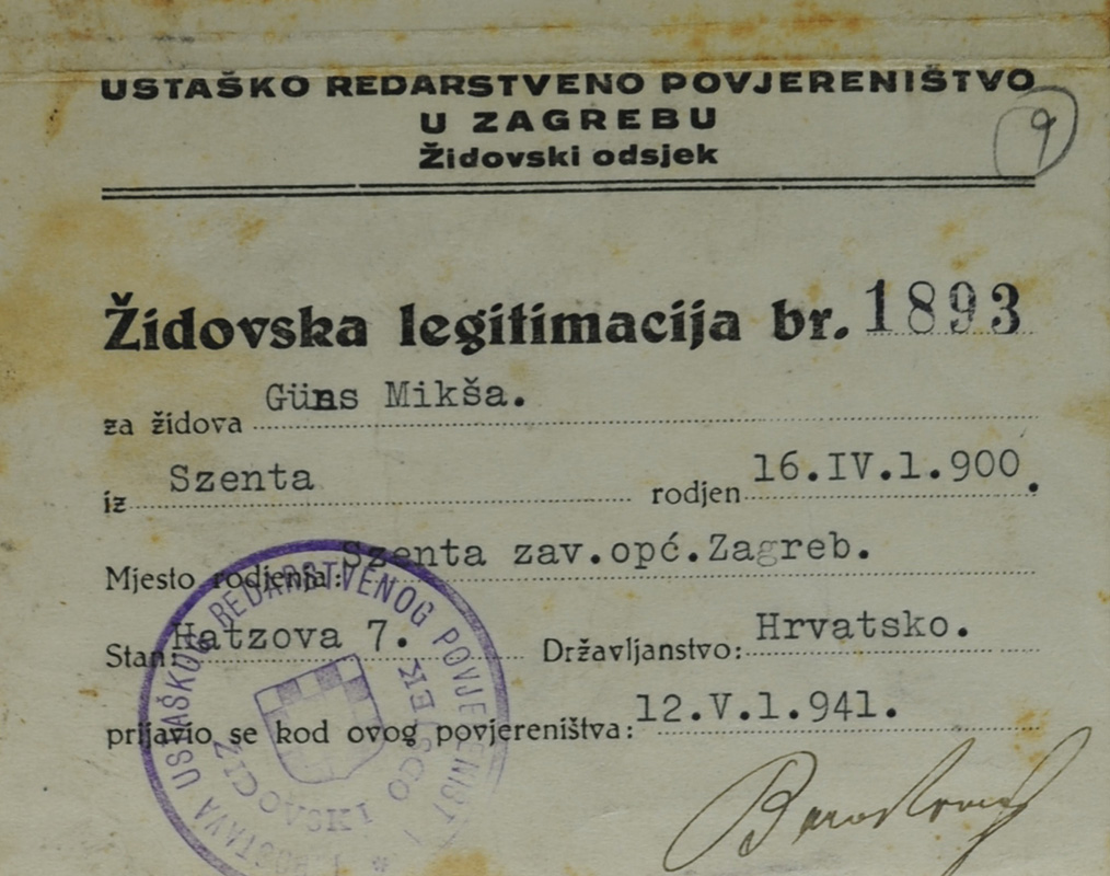 Tarjeta de identificación judía a nombre de Miksa-Misu Güns, emitida por el Departamento Judío de la Policía de la <i>Ustaša</i> en Zagreb el 12 de mayo de 1941