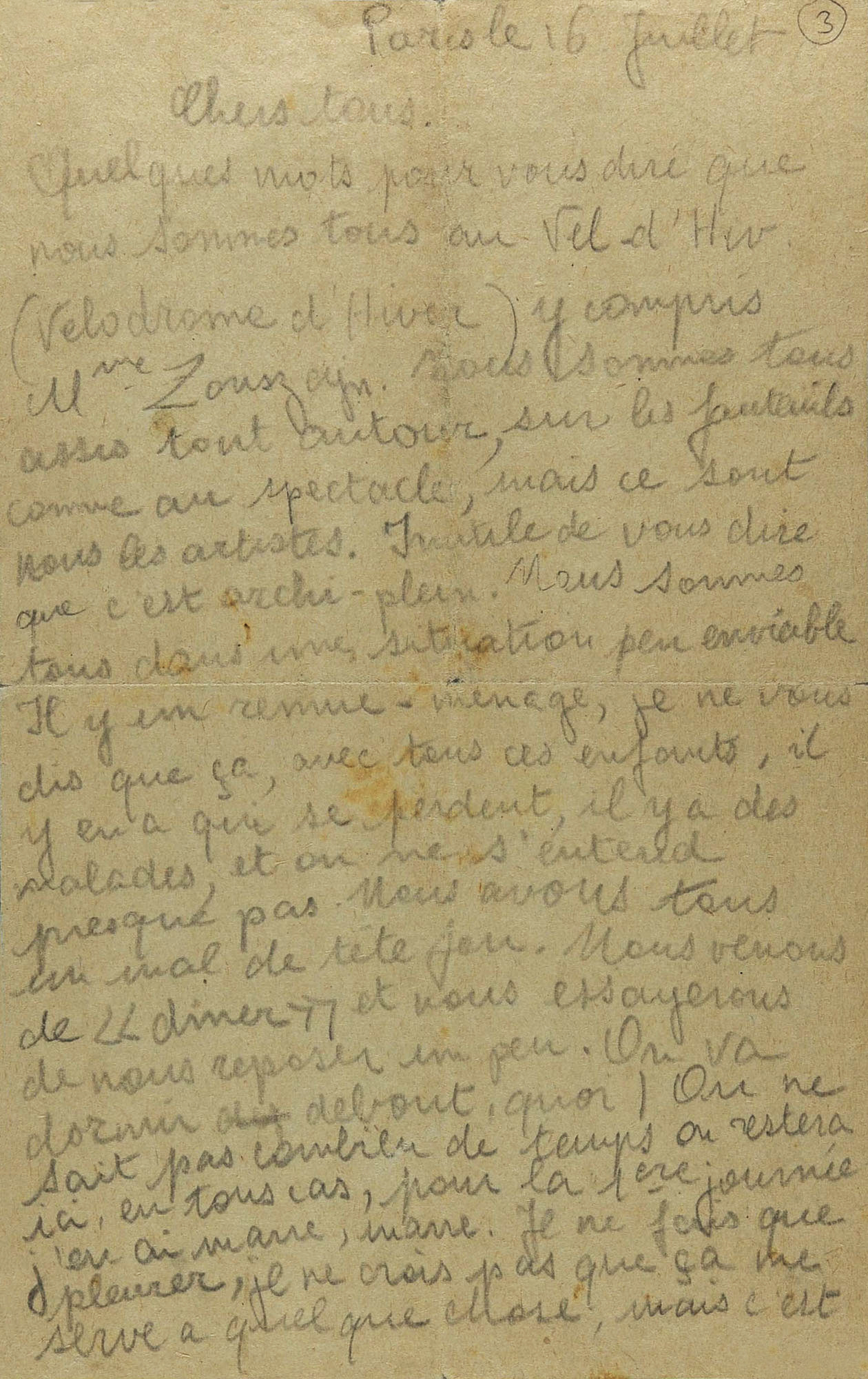 Letter from Rachel Polakiewicz :  16 July 1942, Vélodrome d'Hiver