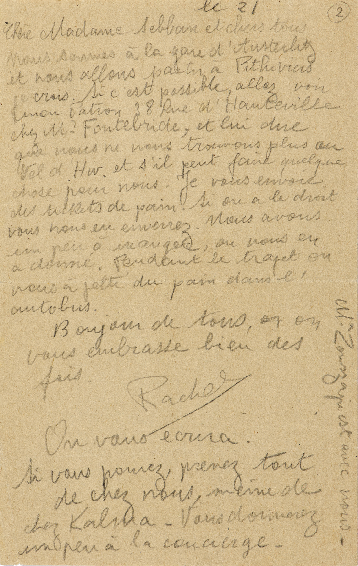 Lettre de Rachel Polakiewicz :  21 juillet 1942, Gare d'Austerlitz
