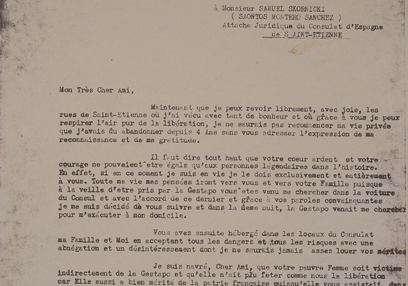Lettre de remerciements de Leon Kleiman adressée à Skornicki/Montero après la guerre. Leon Kleiman et sa famille ont été sauvés de la déportation par Skornicki.