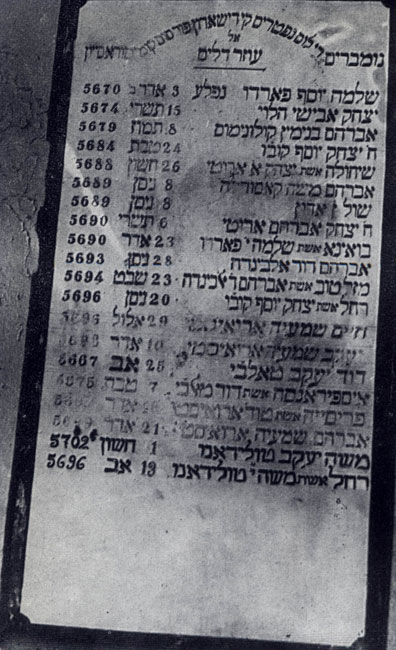כתובת על קיר בית הכנסת 'עוזר דלים' ברחוב סרמסקה ועליו שמות המייסדים. לאחר גירוש היהודים במרץ 1943 הפך מבנה בית הכנסת לבית דירות
