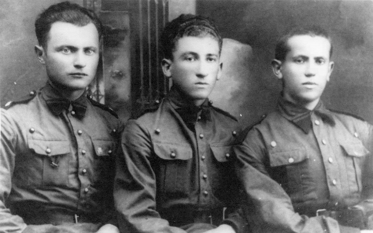 Young Jews from Trebzinia at the Polish military preparatory academy. Left to right: Mordechai Reich, Yosef Rosenbaum, Mendel Markovich