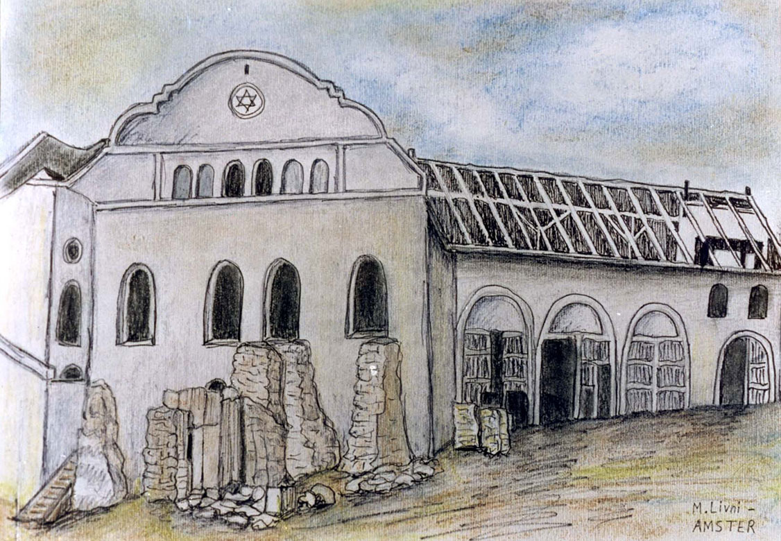 ציור של בית הכנסת ההרוס בתקופת המלחמה. הציירת, מ. לבני לבית אמסטר, ילידת טשביניה
