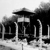 A barbed wire fence and watch tower in the Vught Transit Camp, Holland 