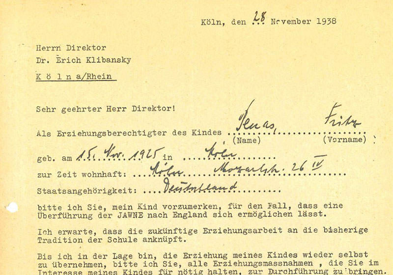 מכתב ששלח לודוויג פנס ב-28 בנובמבר 1938 לד"ר אריך קליבנסקי