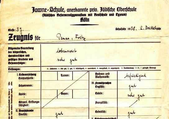 תעודת התלמיד של פריץ פנס (פרדריק מרשנד), תלמיד הכיתה השלישית בגימנסיה היהודית "יבנה" בקלן, דצמבר 1938